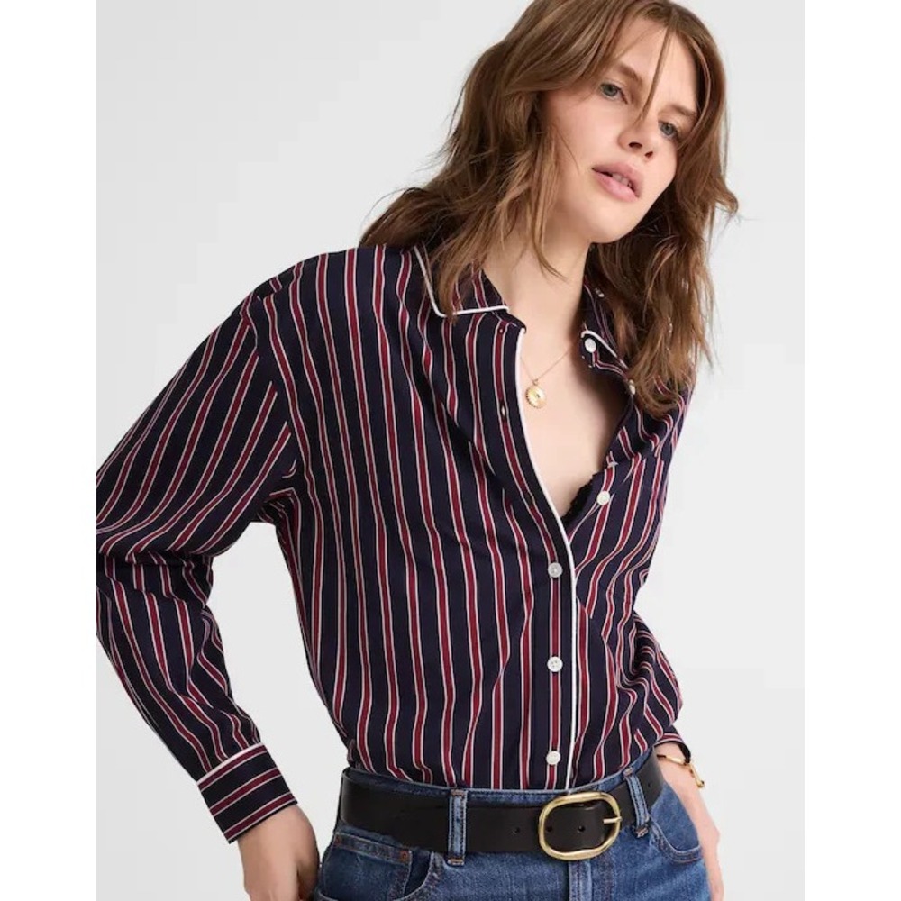 Madewell Long Button-Up Shirt In Stripe Poplin XL Navy Red NY778 NWT